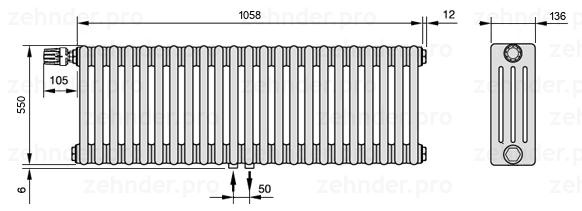 Схема (чертеж) Радиатор Zehnder Charleston 4055/23 №V007 Белый глянцевый RAL 9016